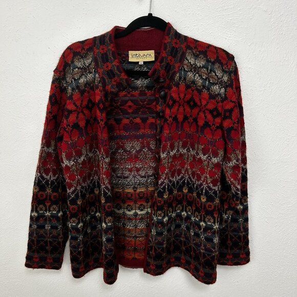 Intiwara 100% Alpaca Wool Red Multi Color Cardigan Sweater Handmade Bolivia Sz M - Picture 9 of 10